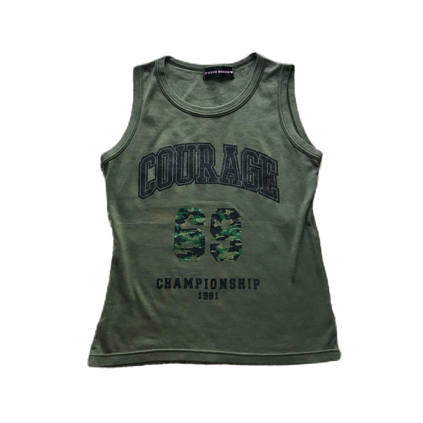 Olive Green Ribbed Glitter Graphic Tank Top