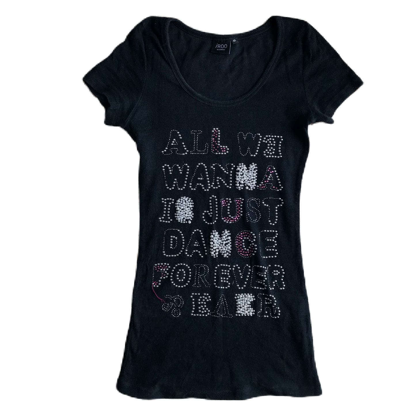 Black Ribbed Lettering Rhinestone & Pearl Long Tee