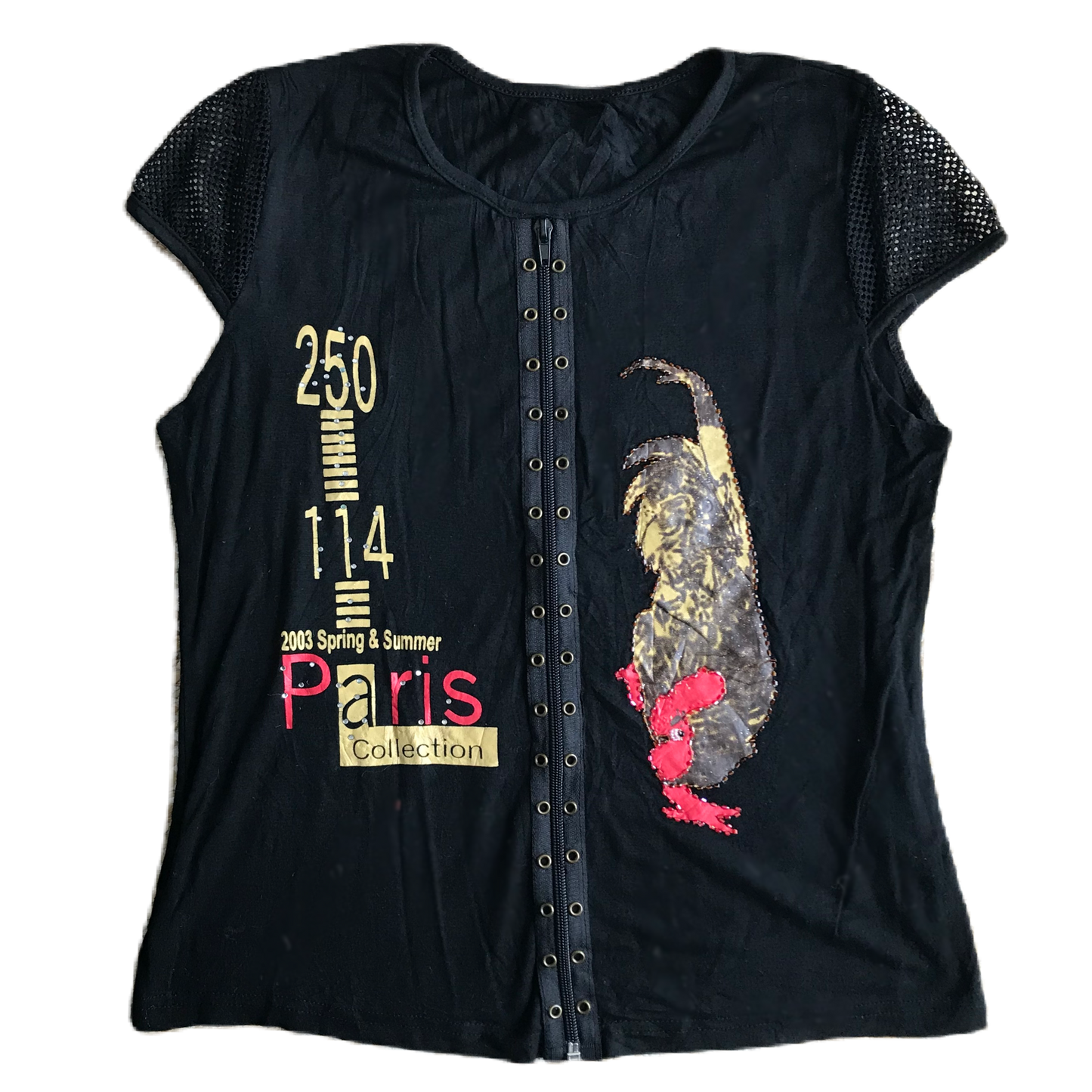 Black Zipper Rhinestone Detail Graphic Top
