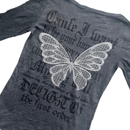 Dark Grey Silver Glitter Butterfly Print Long Sleeve Tee