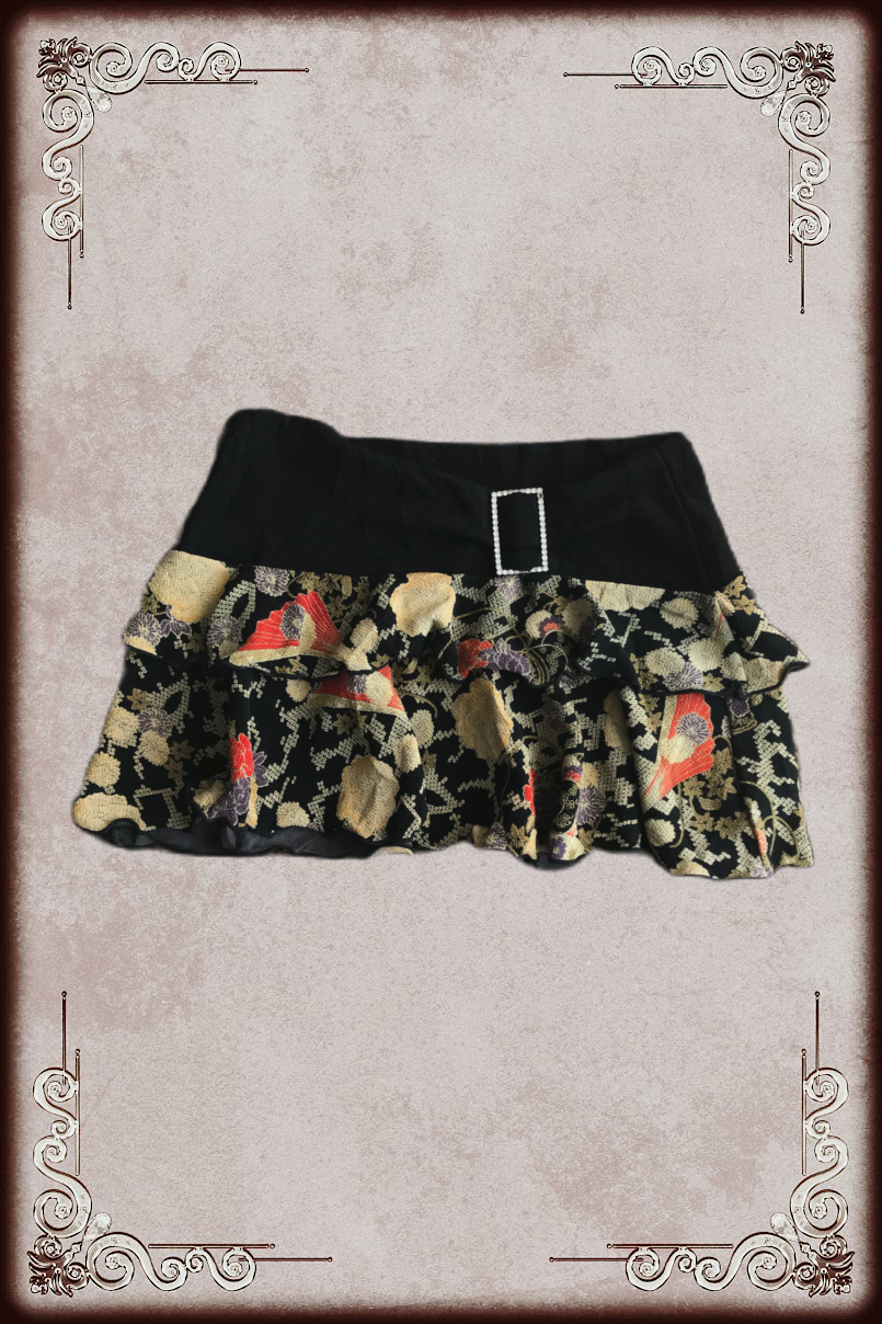 Black & Yellow Rhinestone Flower Print Mini Skirt