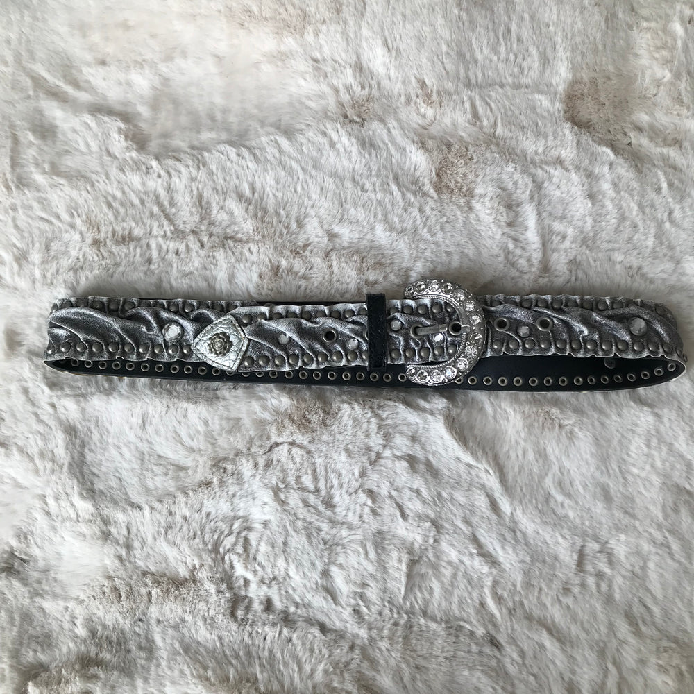 Silver Rhinestone Leather Belt
