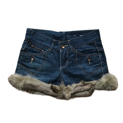 Dark Wash Fur Trim Denim Shorts
