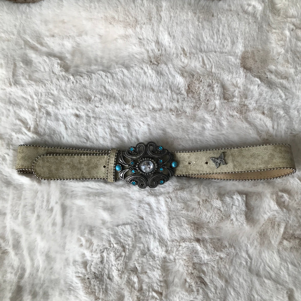 Cream & Turquoise Leather Butterfly Belt