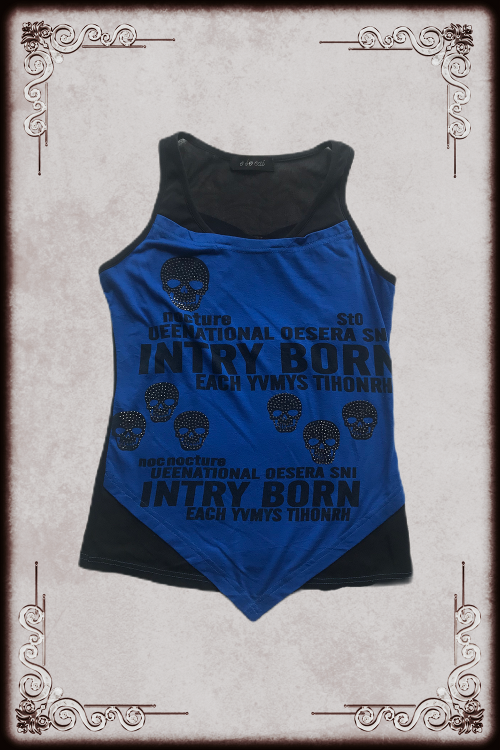 Blue & Black Skull Rhinestone Lettering Top