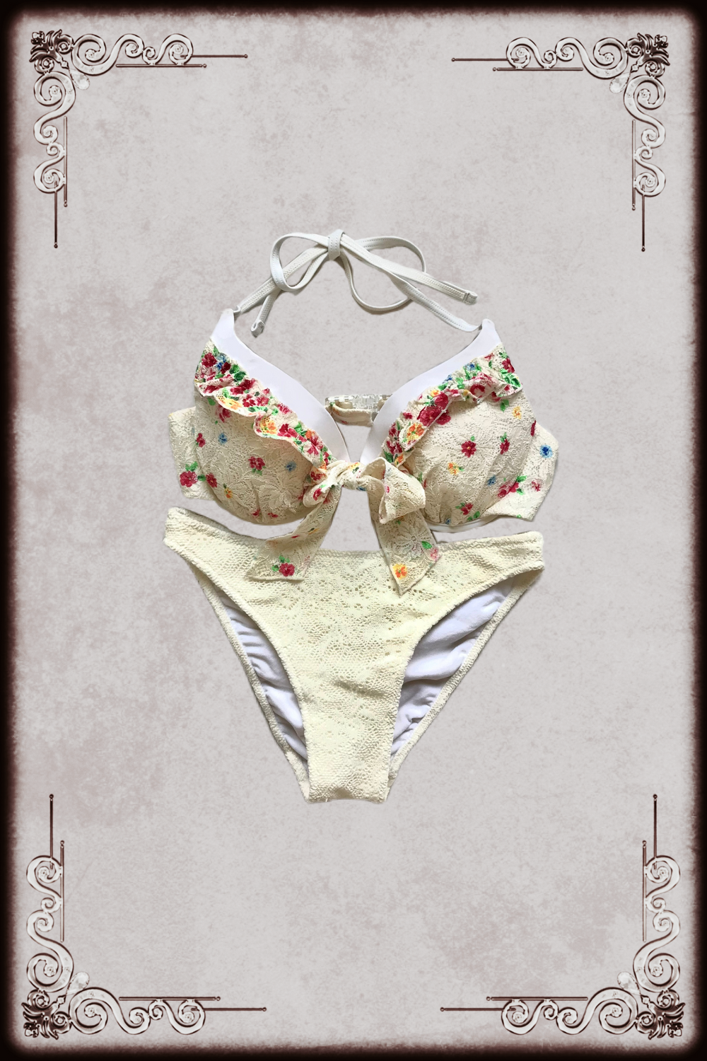Cream Lace Floral Bikini Set