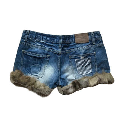 Whiskered Denim Fur Trim Shorts