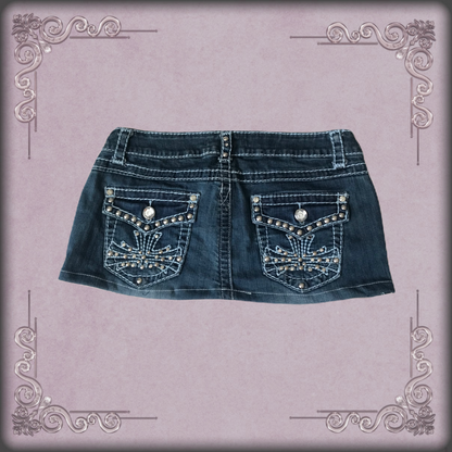 Blue Embroidery Rhinestone Studded Denim Mini Skirt