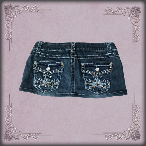 Blue Embroidery Rhinestone Studded Denim Mini Skirt