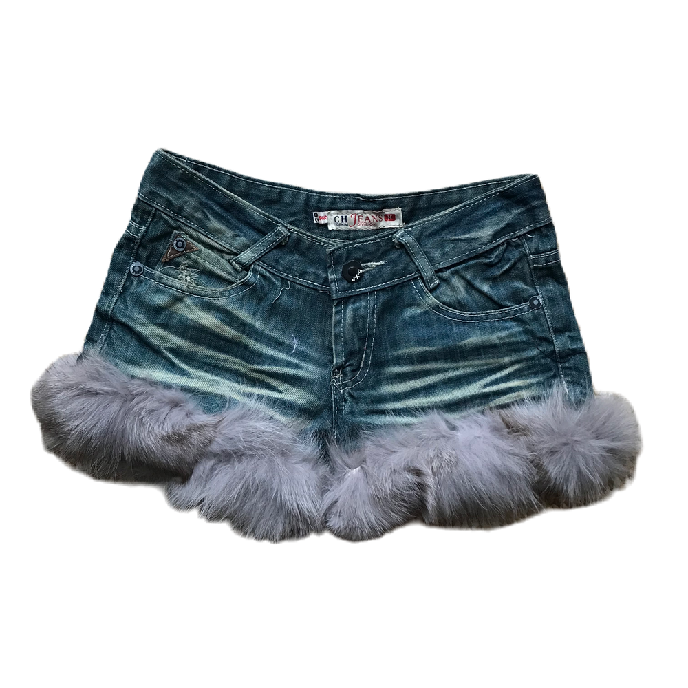 Fluffy Grey Fur Whiskered Denim Shorts