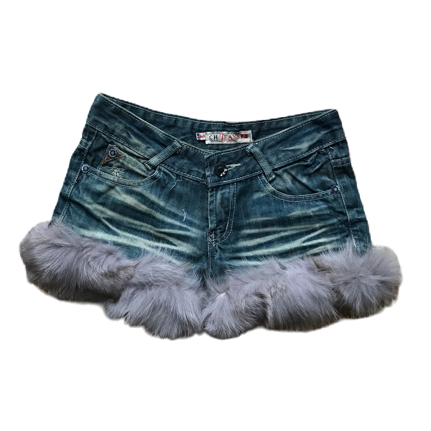 Fluffy Grey Fur Whiskered Denim Shorts