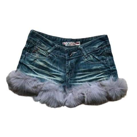 Fluffy Grey Fur Whiskered Denim Shorts
