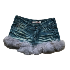 Fluffy Grey Fur Whiskered Denim Shorts