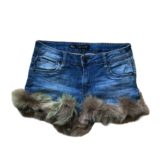 Light Wash Brown x Green Fur Trim Shorts