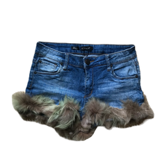 Light Wash Brown x Green Fur Trim Shorts