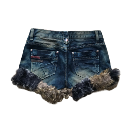 Black & Brown Dark Wash Fur Trim Denim Shorts