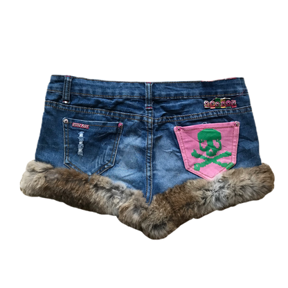 Pink x Green Skull Pocket Detail Fur Trim Shorts