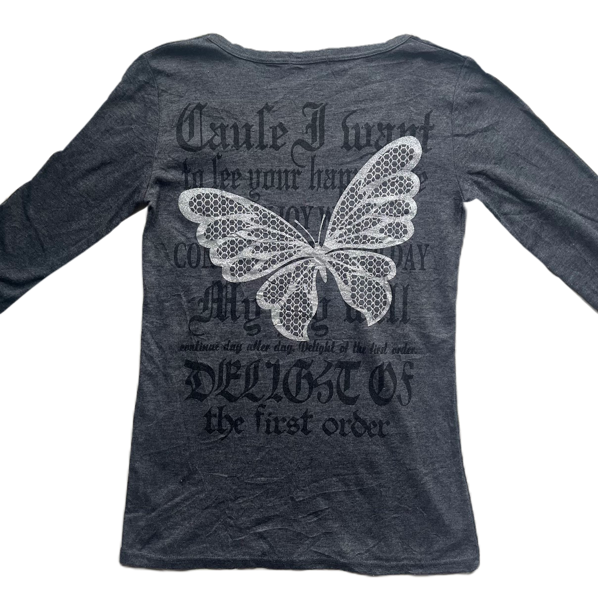 Dark Grey Silver Glitter Butterfly Print Long Sleeve Tee