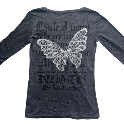 Dark Grey Silver Glitter Butterfly Print Long Sleeve Tee