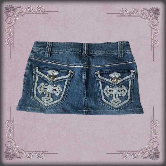 Sky Blue Cross Rhinestone Denim Mini Skirt