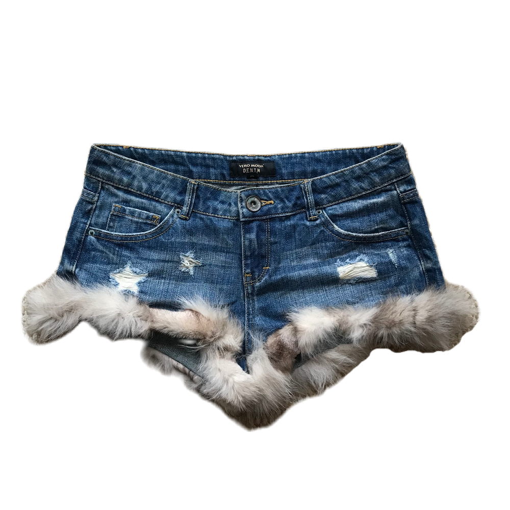 Grey Fur Trim Denim Shorts