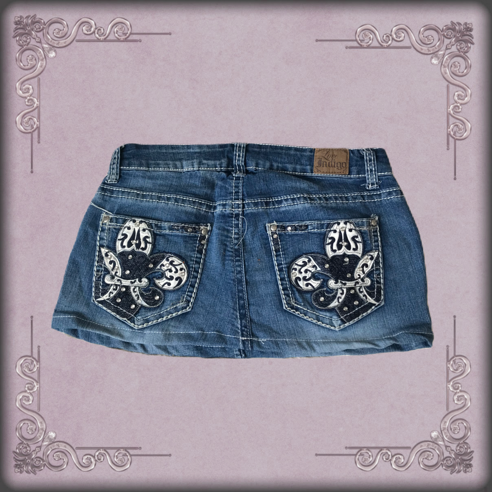 White Fleur de Lis Rhinestone Denim Skirt 1