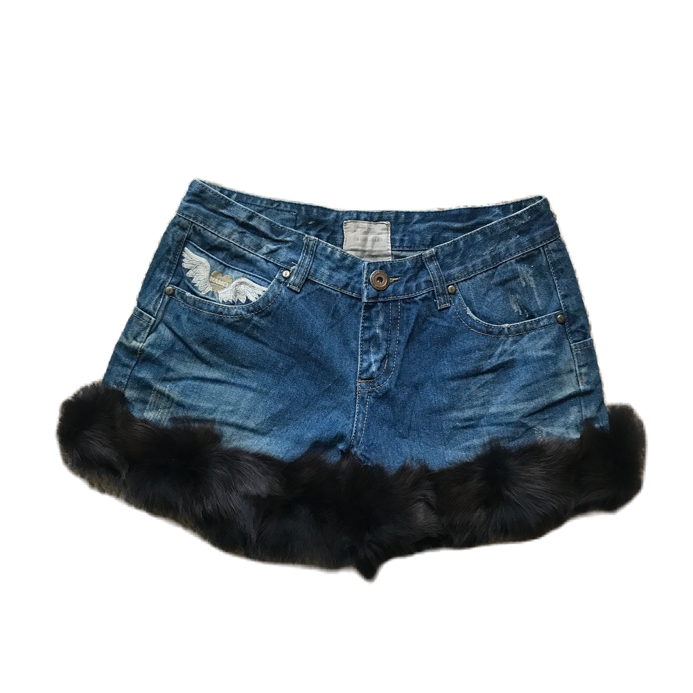 Wings Detail Black Fur Trim Denim Shorts