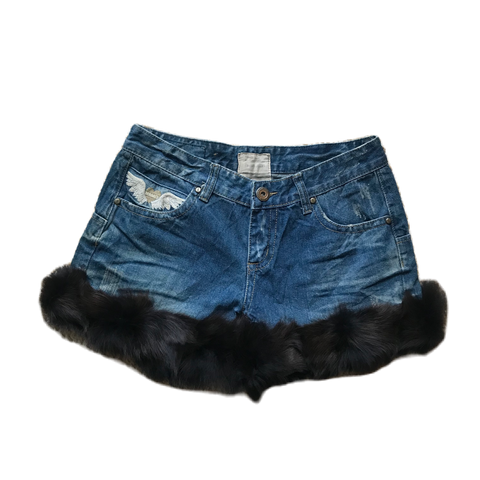 Wings Detail Black Fur Trim Denim Shorts