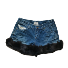 Wings Detail Black Fur Trim Denim Shorts
