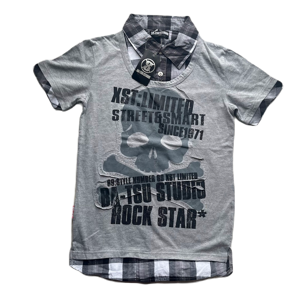 BNWT Ba-tsu Grey & Black Skull Faux Layer Plaid Tee