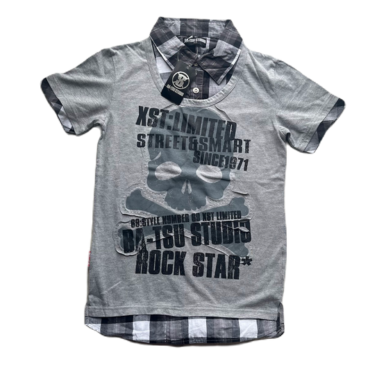 BNWT Ba-tsu Grey & Black Skull Faux Layer Plaid Tee
