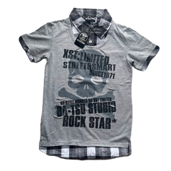 BNWT Ba-tsu Grey & Black Skull Faux Layer Plaid Tee