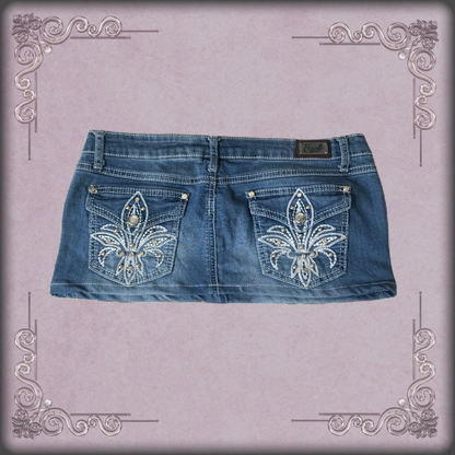 Rhinestone Stud Fleur de Lis Denim Mini Skirt