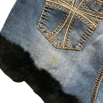 Cross Detail Black Fur Trim Shorts