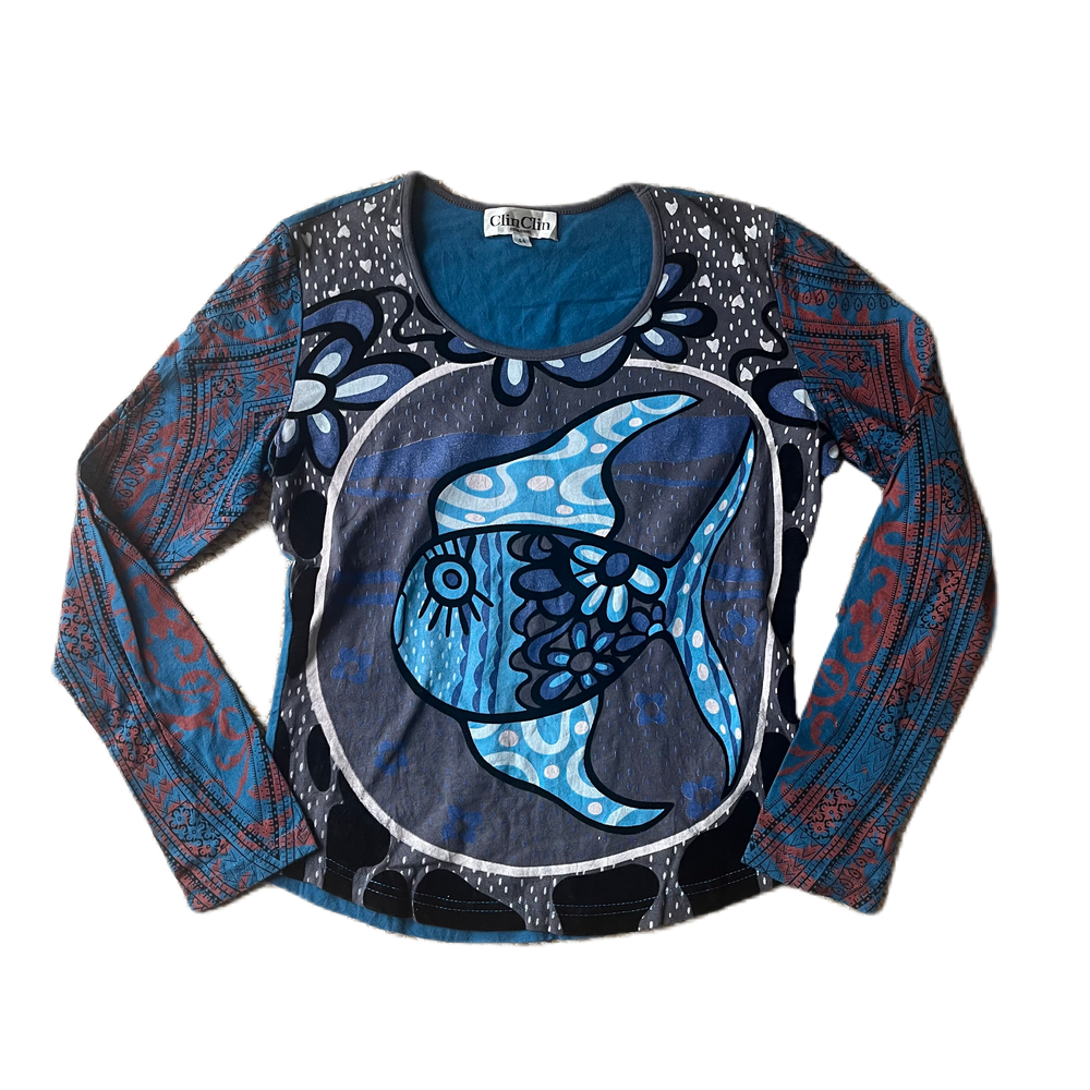 Blue Long Sleeve Hawaii Fish Print Tee
