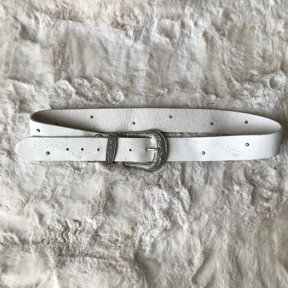 White Rhinestone Trim Leather Belt