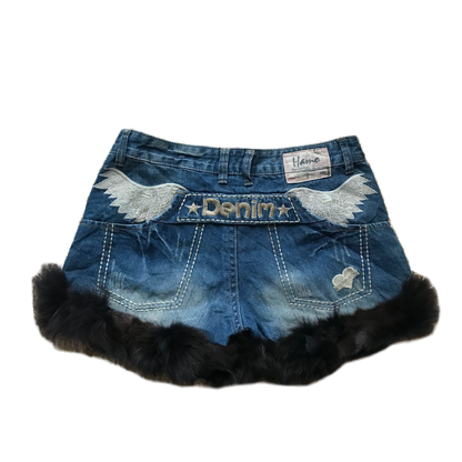 Wings Detail Black Fur Trim Denim Shorts