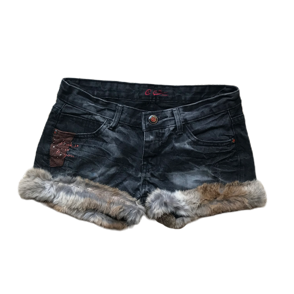 Patch Studded Fur Trim Denim Shorts