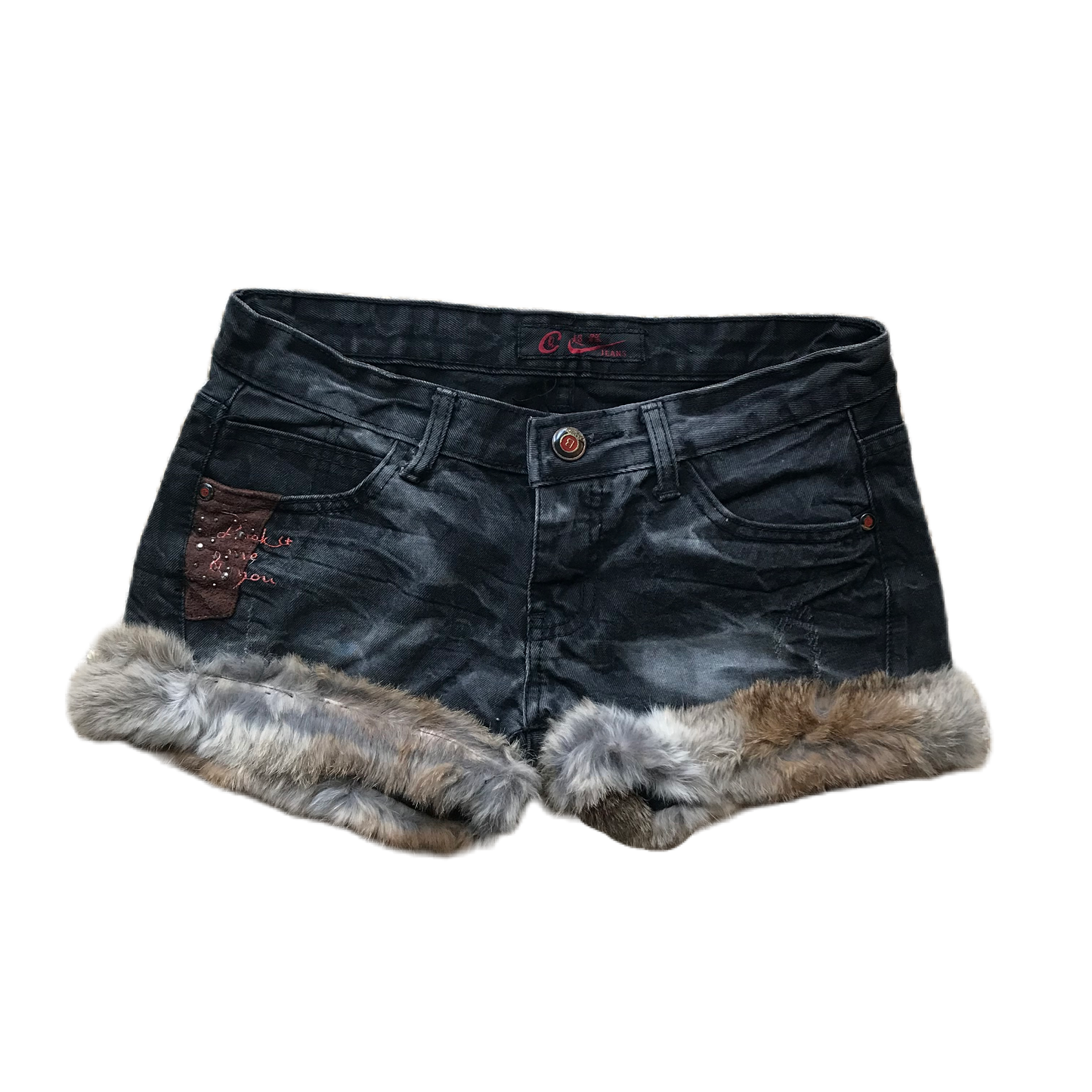 Patch Studded Fur Trim Denim Shorts