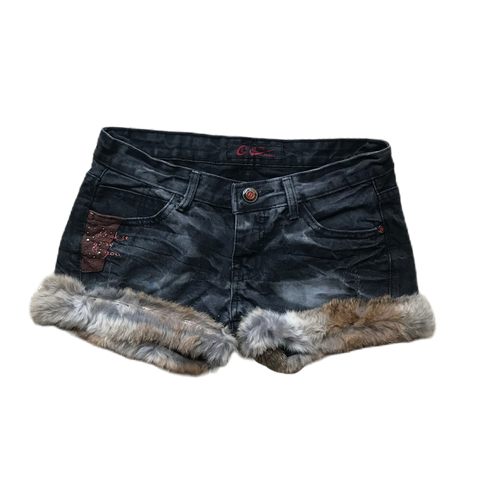 Patch Studded Fur Trim Denim Shorts