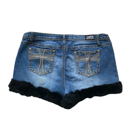 Cross Detail Black Fur Trim Shorts