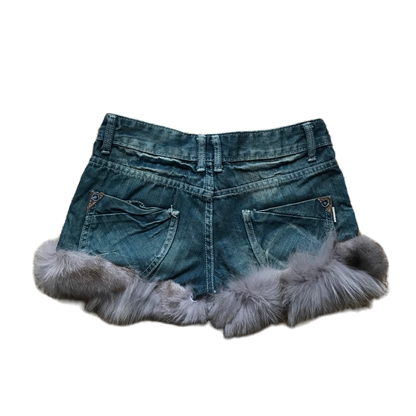 Fluffy Grey Fur Whiskered Denim Shorts