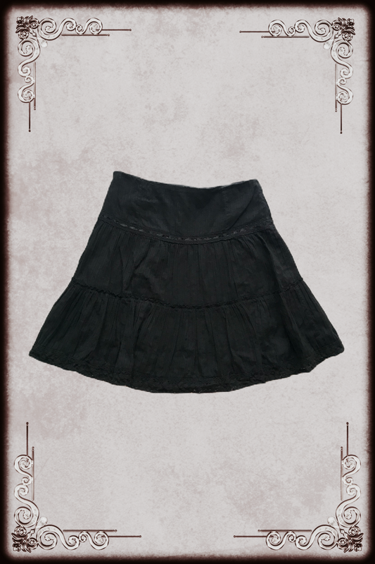 Textured Black Lace Trim Mid Length Skirt