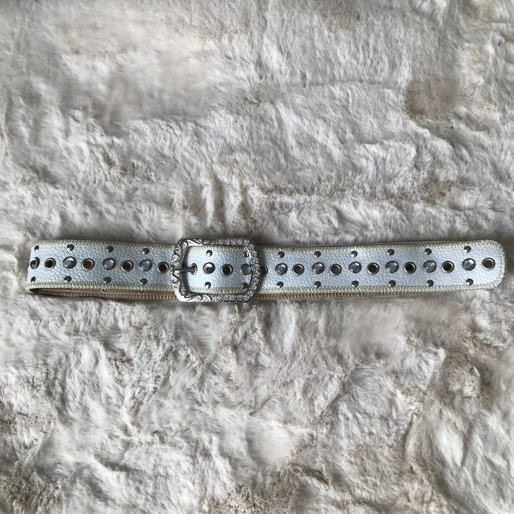 White Silver Rhinestone Leather Belt