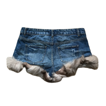 Grey Fur Trim Denim Shorts