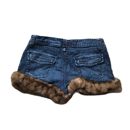 Dark Wash Light Brown Fur Trim Denim Shorts