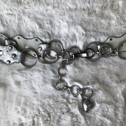 Silver Heart Charm Leather Chain Belt