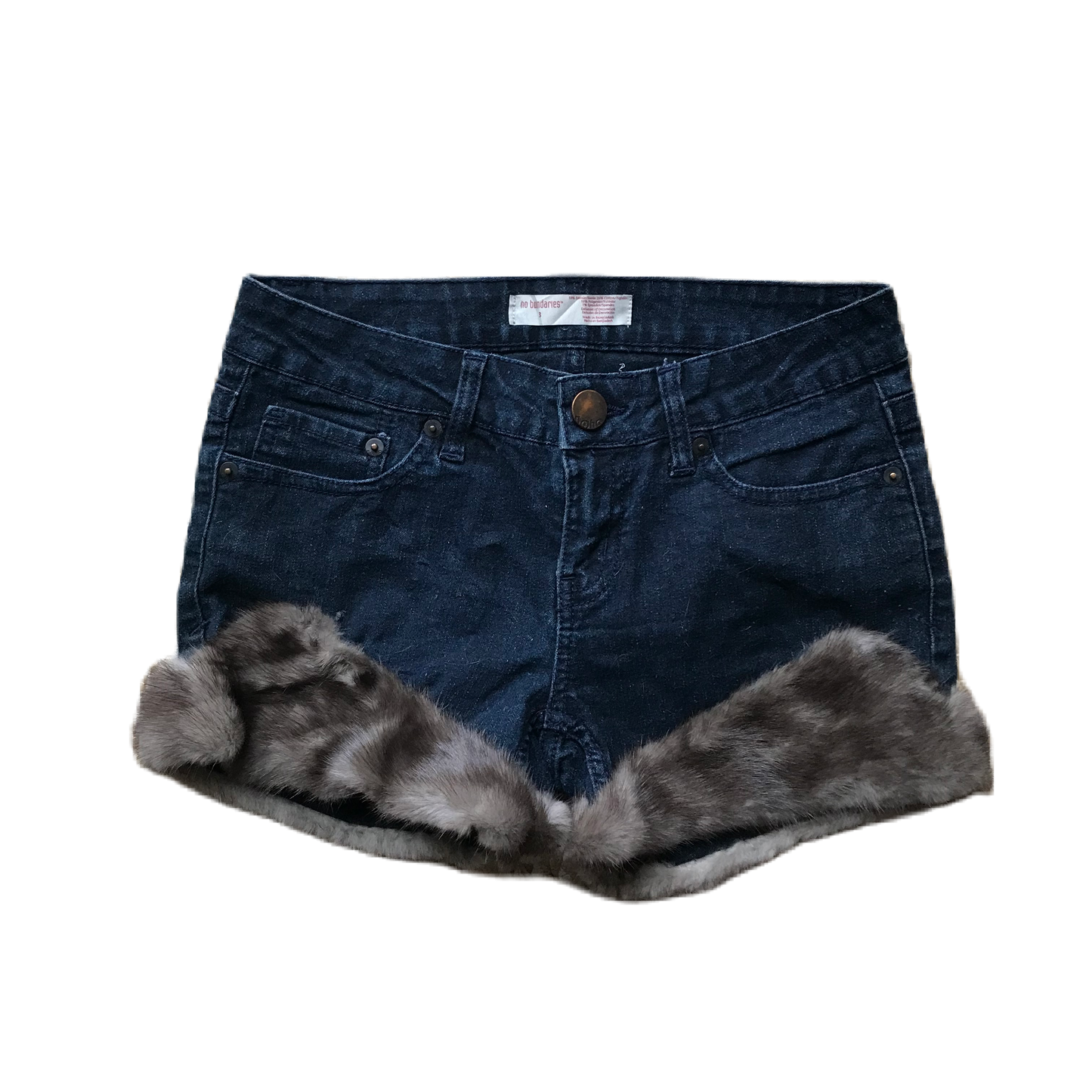 Grey Dark Wash Fur Trim Denim Shorts