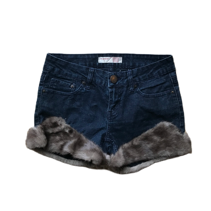 Grey Dark Wash Fur Trim Denim Shorts