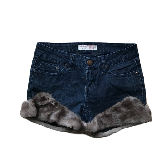 Grey Dark Wash Fur Trim Denim Shorts